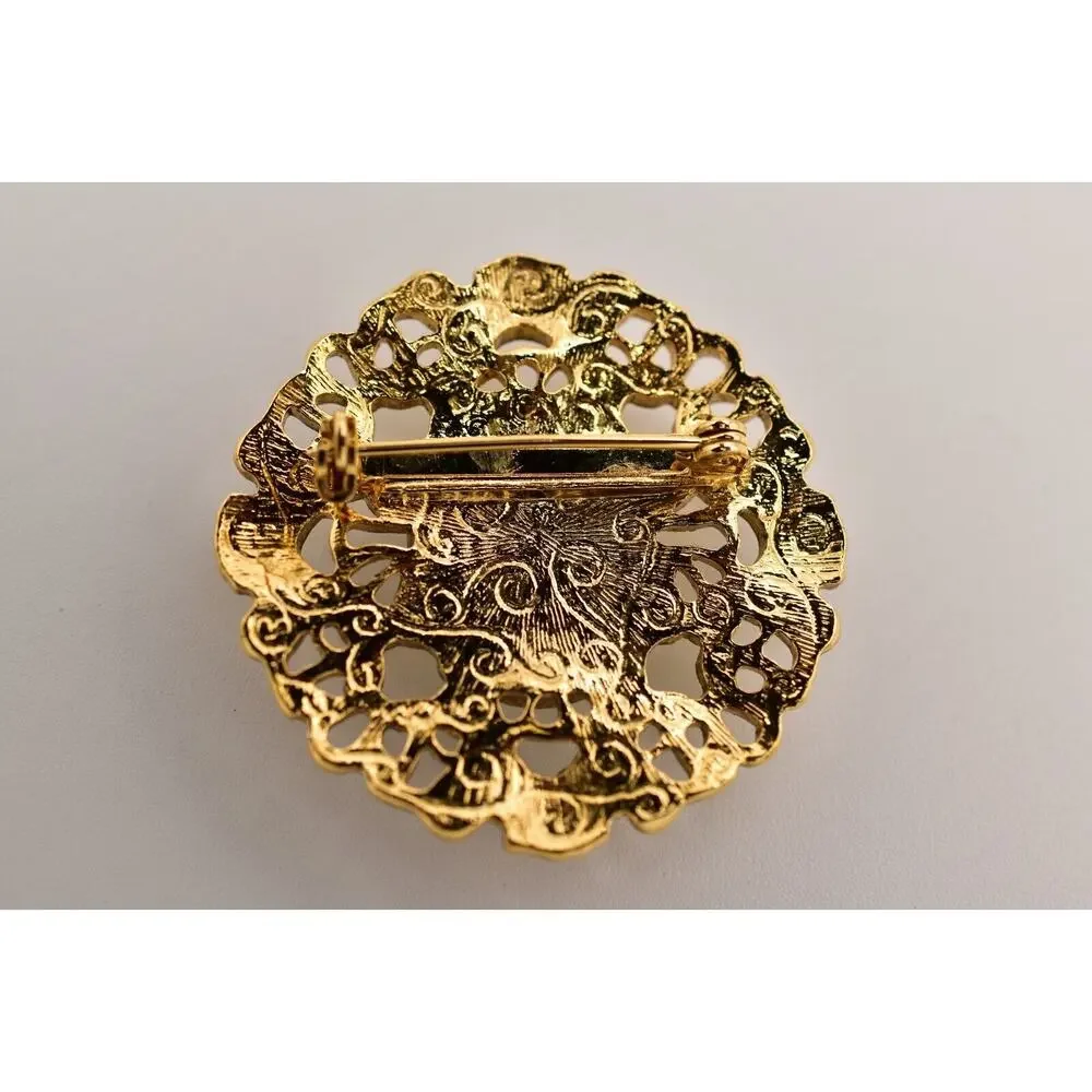 1928 Vintage Brooch Pin Rose Painted Cabochon Antiqued Gold Filigree 1980s BinBG